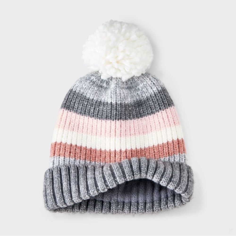 Kids' Marled Striped Grey and Pink Beanie Hat with Pom Pom - Cat & Jack NWT
